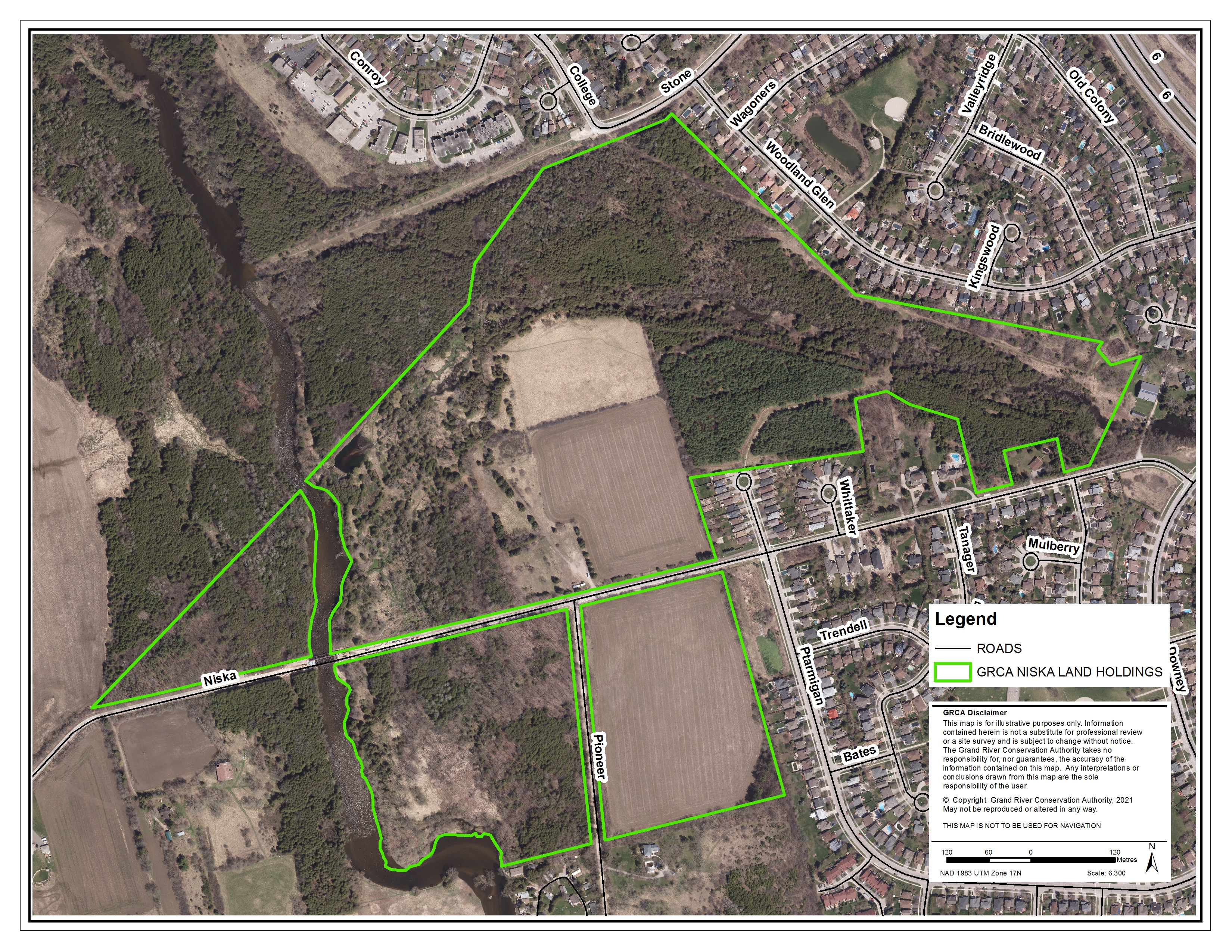 Map of GRCA Niska land holdings outlined in green, north and south of Niska Road