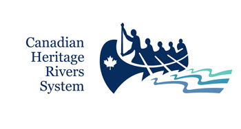 Logo for Canadian Heritage Rivers Systems, it shows a drawing of people canoeing together in a canoe with a maple leaf at the front