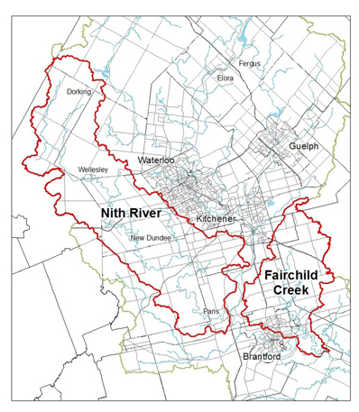 A map showing the basins of the Nith River and Fairchild Creek
