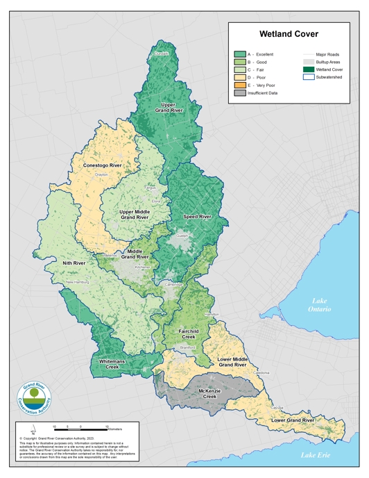 The purpose of the map is to show the Wetland Cover in the Grand River Watershed according to a graded system.